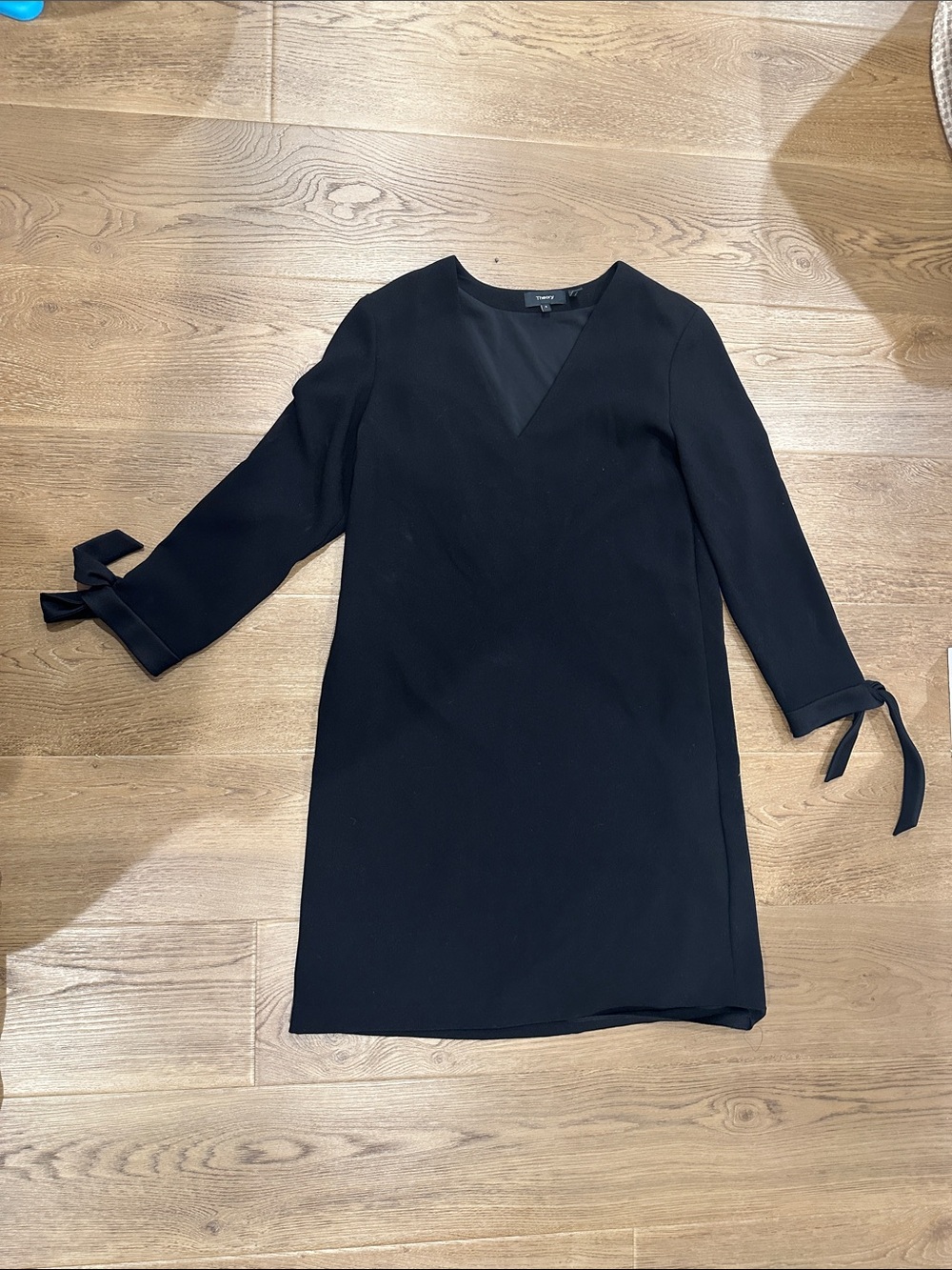 Theory Black Long-Sleeve Shift Dress with Tie Cuffs